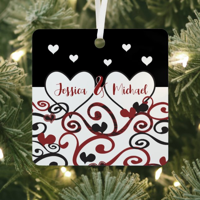 Couple Married Date Newlywed Swirly Love Hearts Metal Ornament (Insitu)
