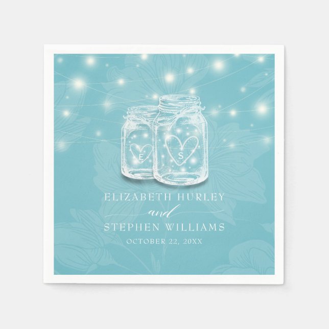 Couple Mason Jar String Lights Blue Floral Wedding Napkin (Front)