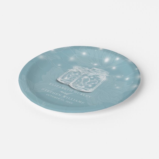 Couple Mason Jar String Lights Blue Floral Wedding Paper Plate (Angled)