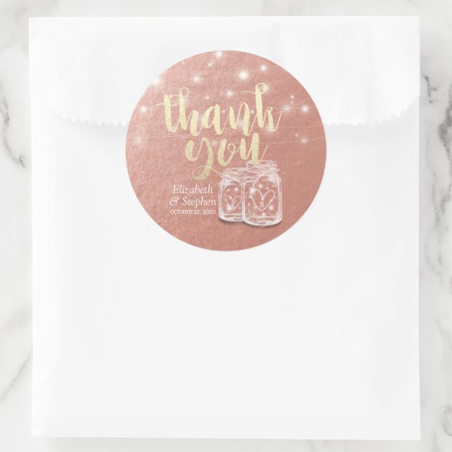 Couple Mason Jars String Lights Rose Gold Wedding Classic Round Sticker (Bag)