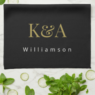 Couple Monogram Black Gold White Modern Minimal Kitchen Towel