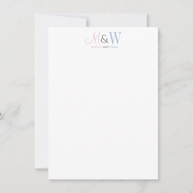 Couple Monogram Minimalist Pink Blue Script Serif Card (Front)