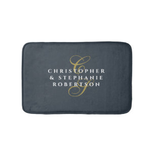 Couple Monogram Navy Blue Gold White Minimalist  Bath Mat