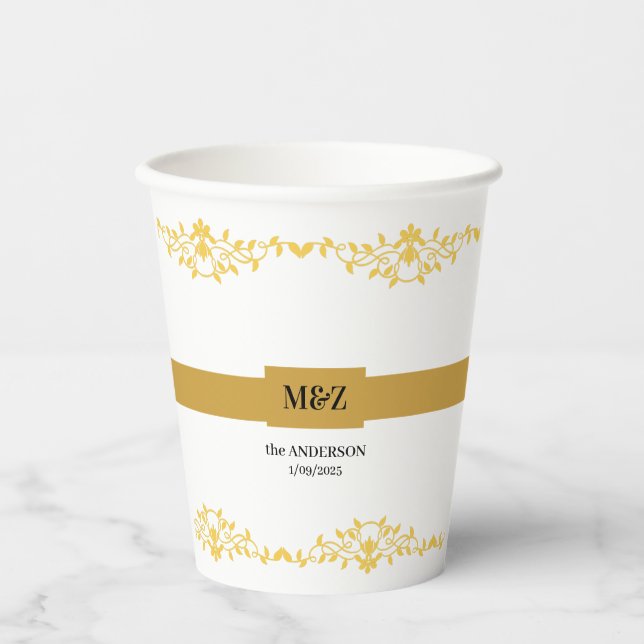 Couple Monogram wedding date decorative boarder Paper Cups (Front)