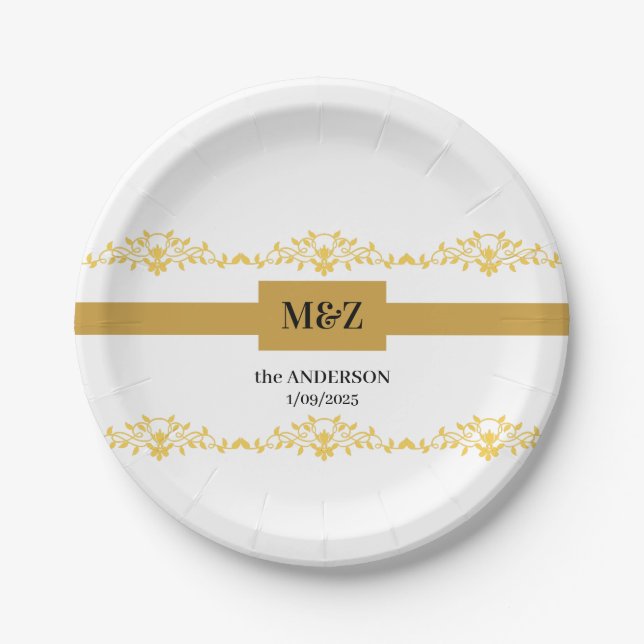 Couple Monogram wedding date decorative boarder Paper Plate (Front)