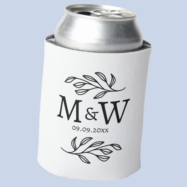 Couple Monogram Wedding Date Elegant Botanical Can Cooler (Modern wedding couple monogram initials date botanical leaf can cooler)