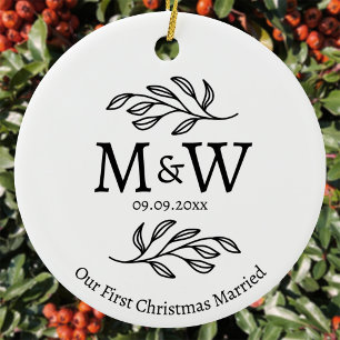 Couple Monogram Wedding First Christmas Married Ceramic Ornament