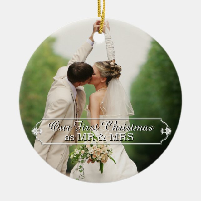 Couple Mr & Mrs First Christmas Holiday Ornament (Front)