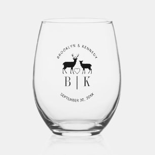 Couple Name Deer Monogram Rustic Country Wedding Stemless Wine Glass