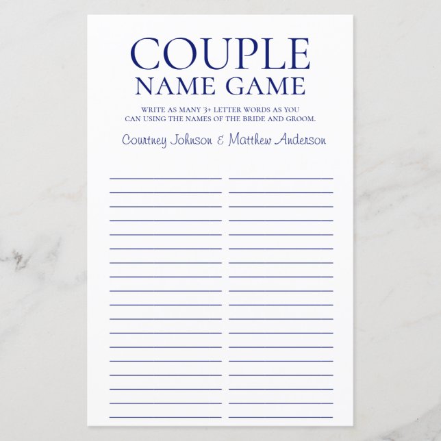 Couple Name Game Navy Blue Bridal Shower Game (Front)