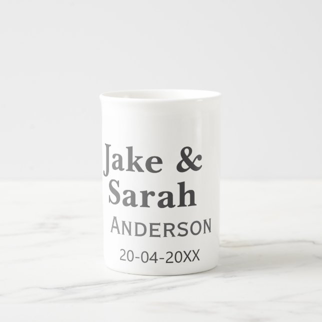 Couple name gray golden frame border wedding date  bone china mug (Front)