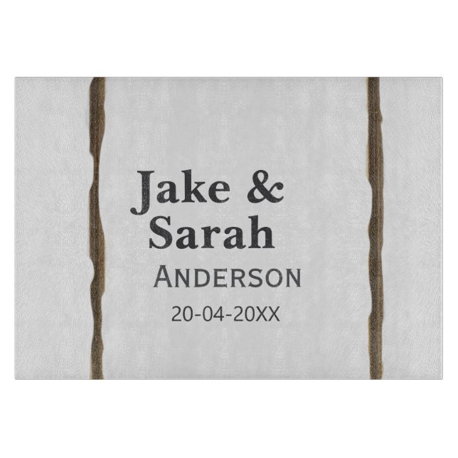 Couple name gray golden frame border wedding date  cutting board (Front)