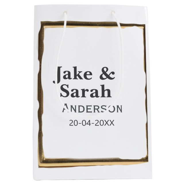 Couple name gray golden frame border wedding date  medium gift bag (Front)