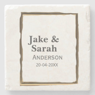 Couple name gray golden frame border wedding date stone coaster