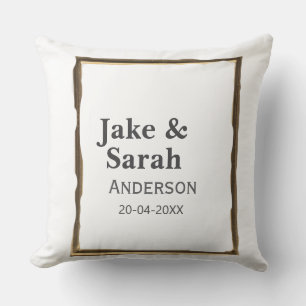 Couple name gray golden frame border wedding date  throw pillow