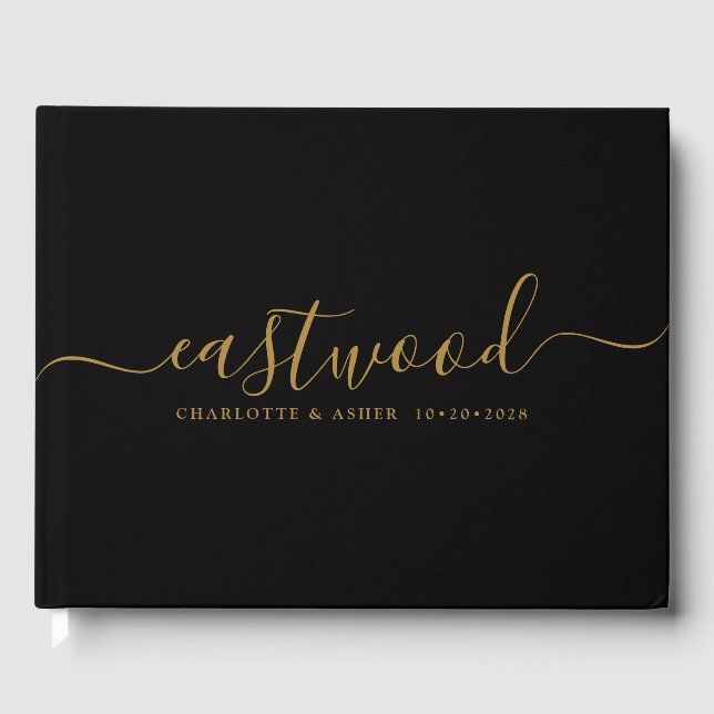 Couple Name Wedding Gold Monogram Black Guest Book (Front)
