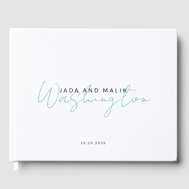 Couple Name Wedding Monogram Aqua Script Name Guest Book (Front)