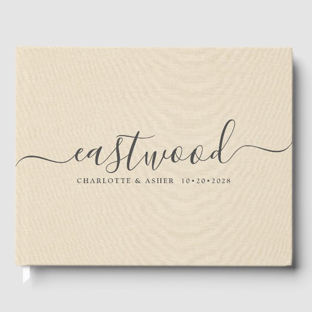 Couple Name Wedding Monogram Cream Faux Linen  Guest Book (Front)
