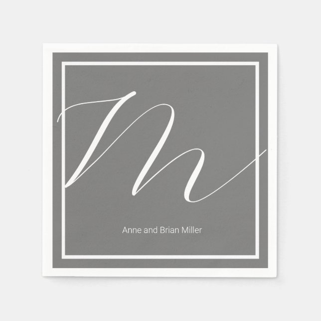 Couple Names Elegantly Monogrammed Grey Napkin (Front)