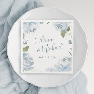 Couple names Romantic dusty blue floral wedding Na Napkin
