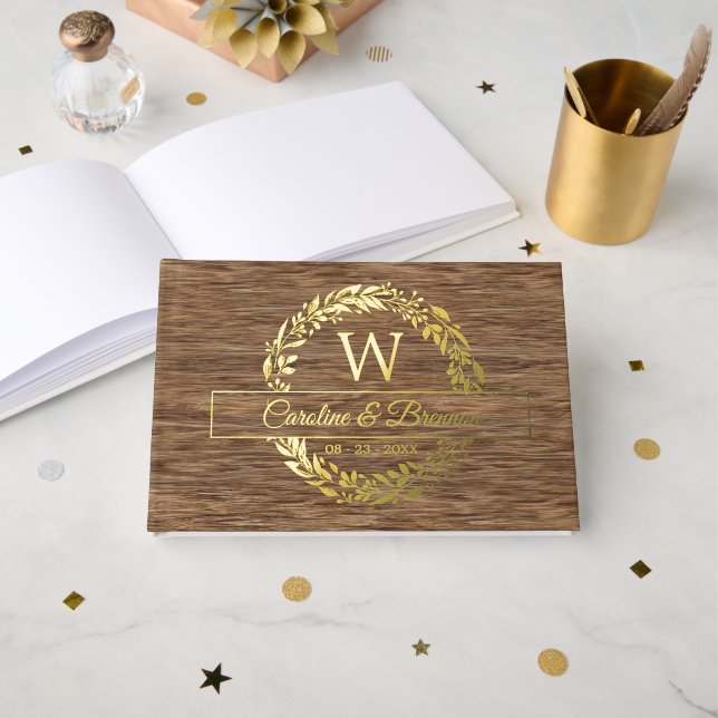 Couple Names Wedding Date Laurel Wreath Gold Guest Book (Front Open)