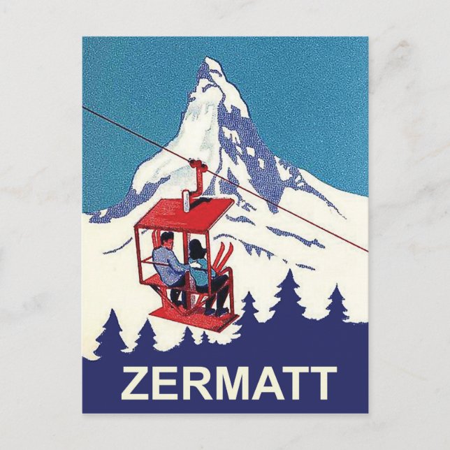 Couple on a ski lift in Zermatt, vintage travel Postcard (Front)