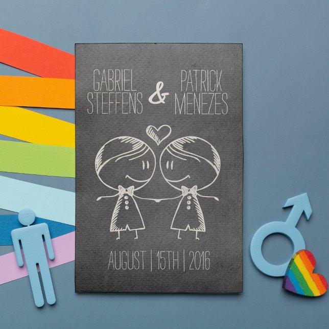 Couple on Blackboard Gay Wedding Invitation (This simple and modern wedding invitation card will set the right mood for your unforgettable day.)