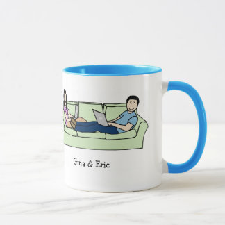 Couple on laptops - personalized cartoon mug