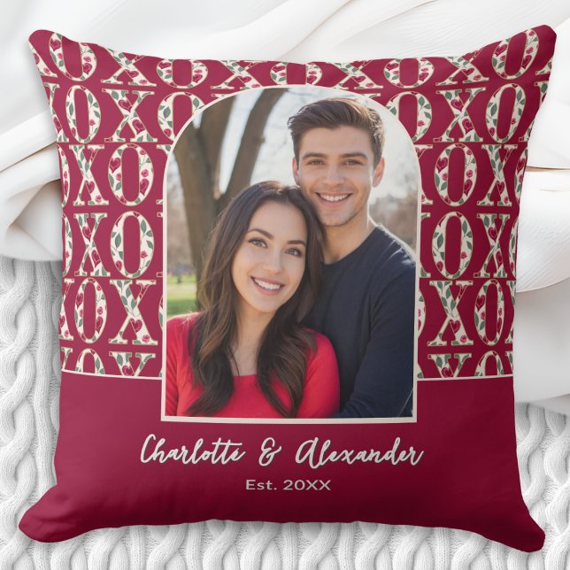 Couple Photo Arch XOXO Patterned Personalized Throw Pillow (A personalized red throw pillow with custom couple photo in an arch frame, with names and est. date)