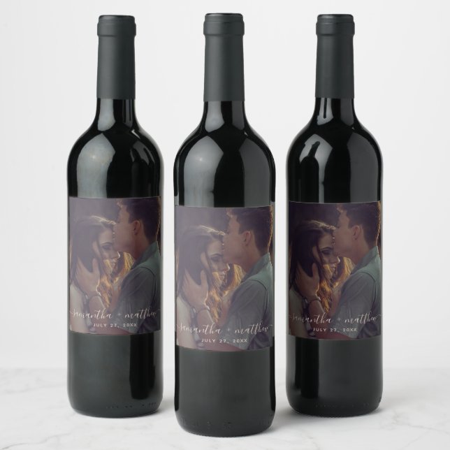 Couple Photo Calligraphy Script Wedding Wine Label (Bottles)