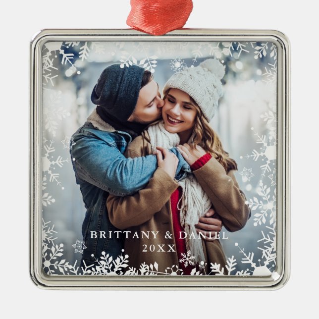 Couple Photo Christmas Snowflakes Overlay Border Metal Ornament (Front)