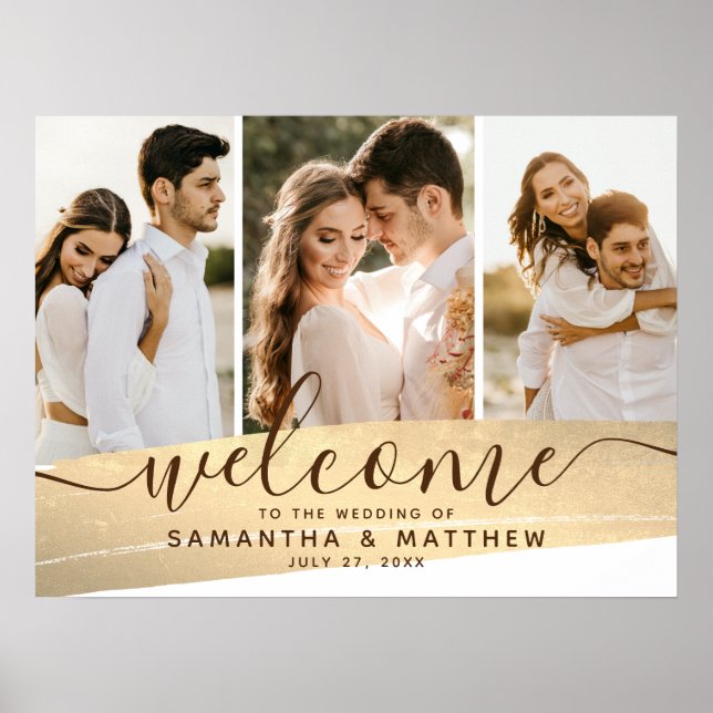 Couple Photo Collage Gold Theme Wedding Signage Poster (Front)