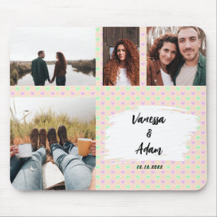 Couple Photo Collage Violet & Green Hearts Pattern Mouse Pad