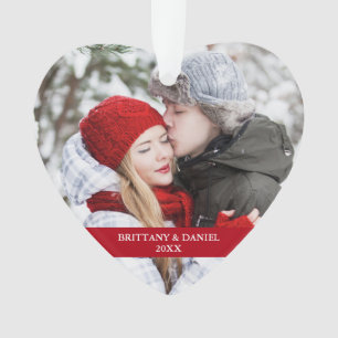 Couple Photo Front Snowflakes Back Red Heart Ornament