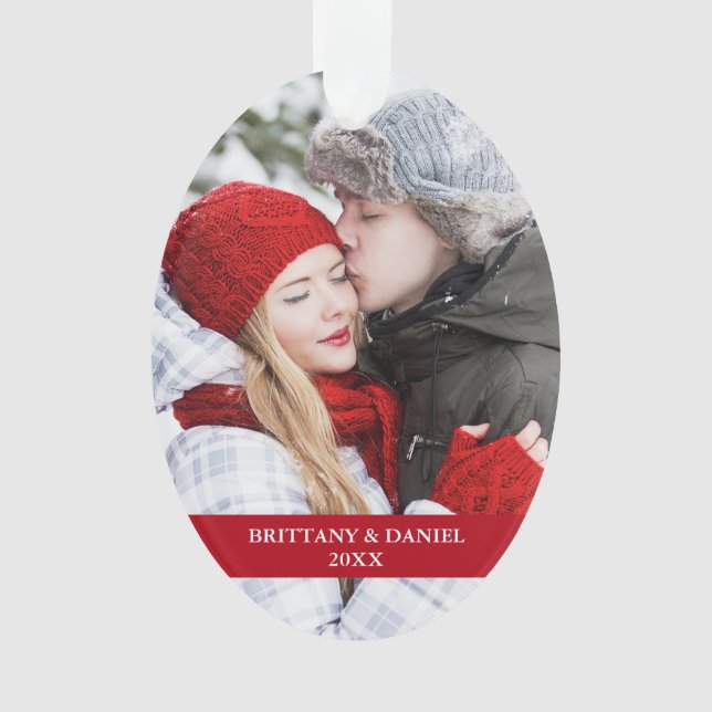 Couple Photo Front | Snowflakes Back Red Oval Ornament (Front)