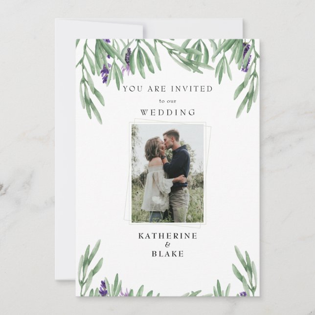 Couple Photo Lavender Foliage Modern Wedding Invit Invitation (Front)