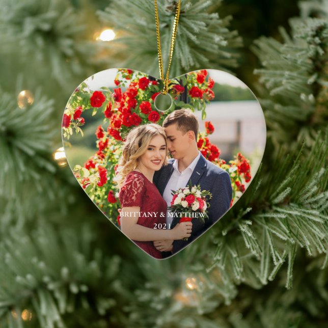 Couple Photo Names and Year Heart Ceramic Ornament (Tree)