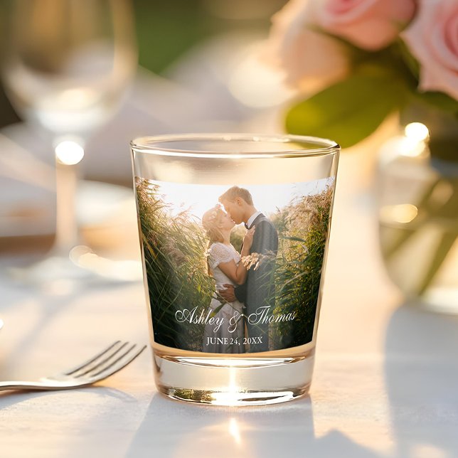 Couple Photo Personalized Wedding Shot Glass (Customize to change text size or text style.)