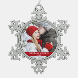 Couple Photo Red Snowflake Pewter Christmas Ornament