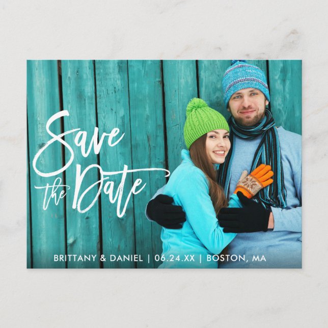 Couple Photo Save The Date Modern Brush Script W Postcard (Front)