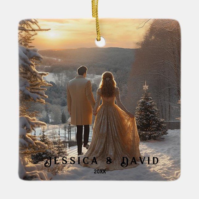 Couple Photo Snow Winter Modern Personalized Ceramic Ornament (Front)