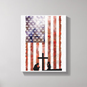 Couple Praying at Cross. Flag, Jesus Background Canvas Print