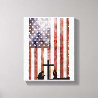 Couple Praying at Cross. Flag, Jesus Background Canvas Print