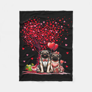 Couple Pugs Cotume Valentine's Day Tree Cute Heart Fleece Blanket