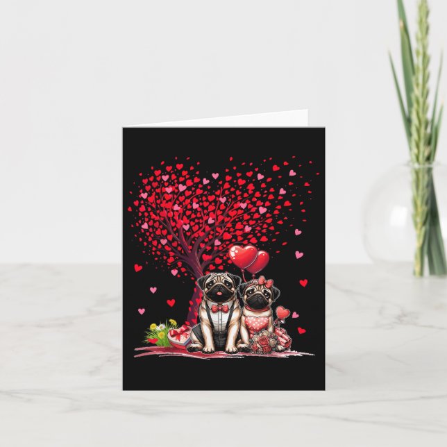 Couple Pugs Cotume Valentines Day Tree Cute Hearts Card (Front)