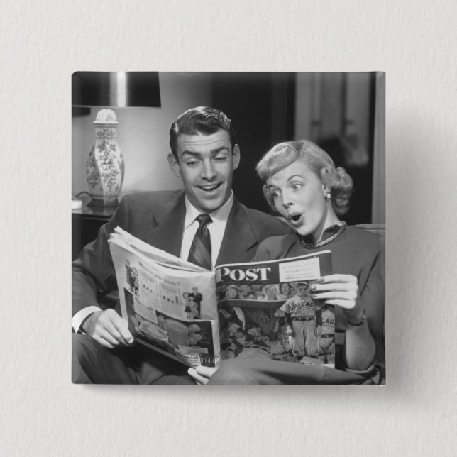 Couple Reading Magazine 2 Inch Square Button (Front)