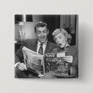 Couple Reading Magazine 2 Inch Square Button