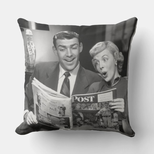 Couple Reading Magazine Throw Pillow (Front)