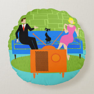 Couple rétro avec Coussin rond chat