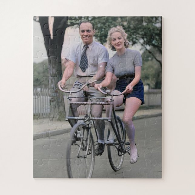 Couple Riding Malvern Star Bike 1930s Colour Redux Jigsaw Puzzle (Vertical)